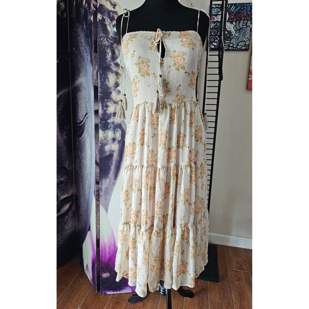 Storia Floral Swiss Dot Tiered Midi Dress Cream Peach Tassel Tie Straps Small